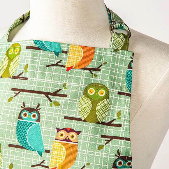 Cute Owl Apron, Green, Orange, Aqua, with Pocket - Picture 4 of 6